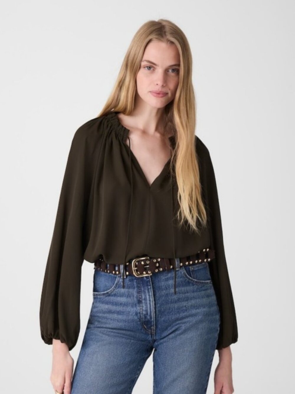 Madewell | NWT Dark Green Semi-Sheer Chiffon Tie-Neck Peasant Ruffle Blouse